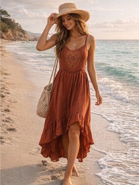 Boho Rust High-Low Spaghetti Strap Maxi Dress